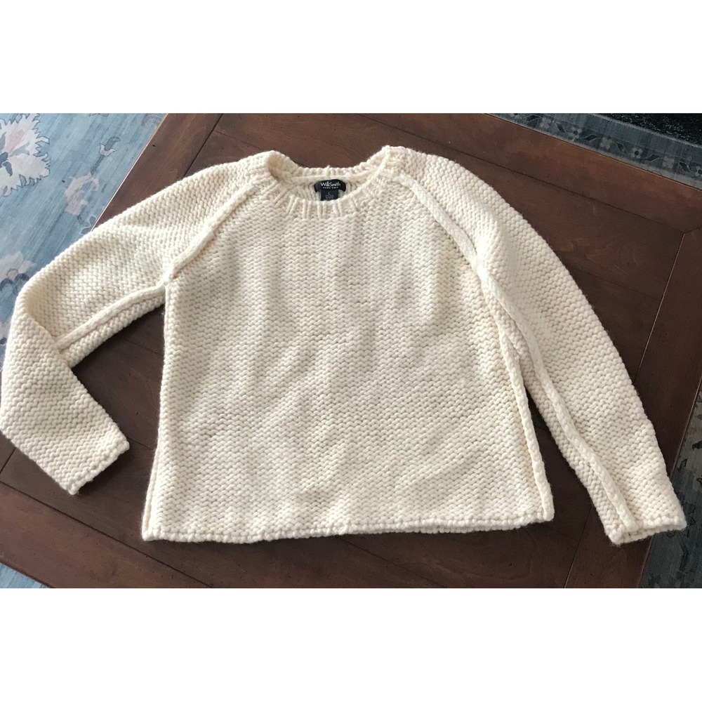 Willi Smith Cream Chunky Knit Crew Neck Sweater Size L 100‎ Percent Wool